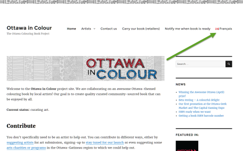 Capture d'écran avec l'ajout d'un onglet francophone. Screen capture of our site having a french toggle.